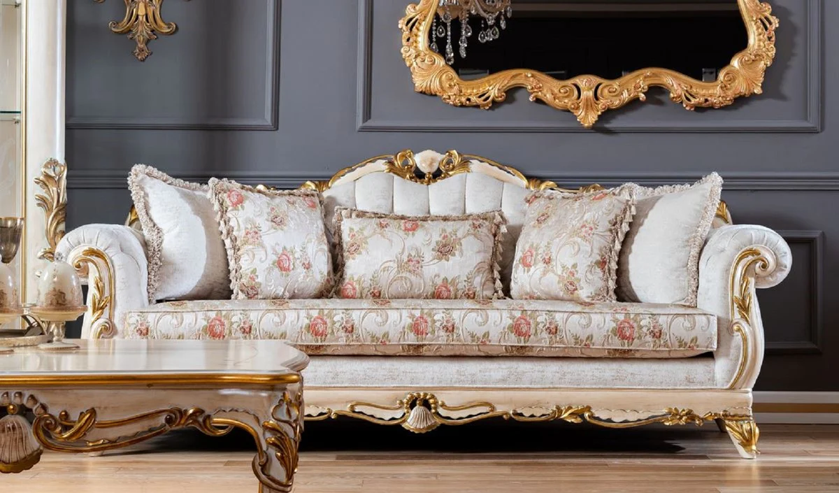 Luxury baroque sofa white / beige / gold - magnificent living room sofa with floral pattern - baroque living room furniture