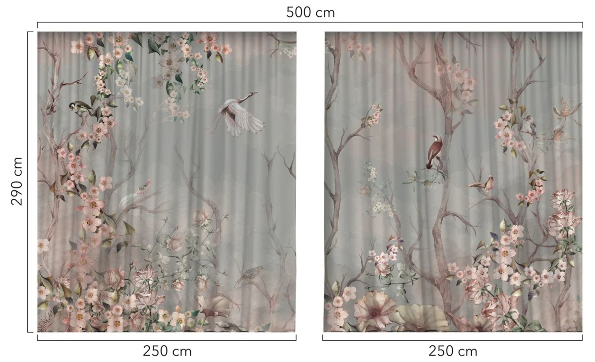 Luxury curtain set birds in the forest light gray / multicolored 250 x H. 290 cm - printed linen & velvet curtains - eyelet curtains - sliding curtains - luxury quality