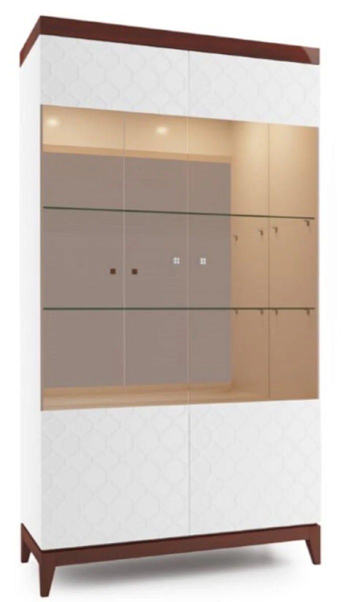 Luxury display cabinet white / high gloss brown 111.2 x 45 x H. 205 cm - Illuminated living room cabinet with 2 large glass shelves - Living room furniture