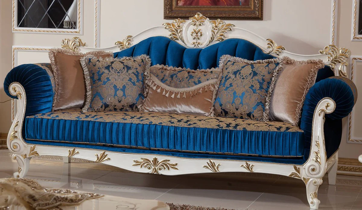 Luxus Barock Wohnzimmer Set Blau / Braun / Weiß / Gold - 2 Barock Sofas & 2 Barock Sessel & 1 Barock Couchtisch - Wohnzimmer Möbel im Barockstil - Barock Möbel - Barock Einrichtung