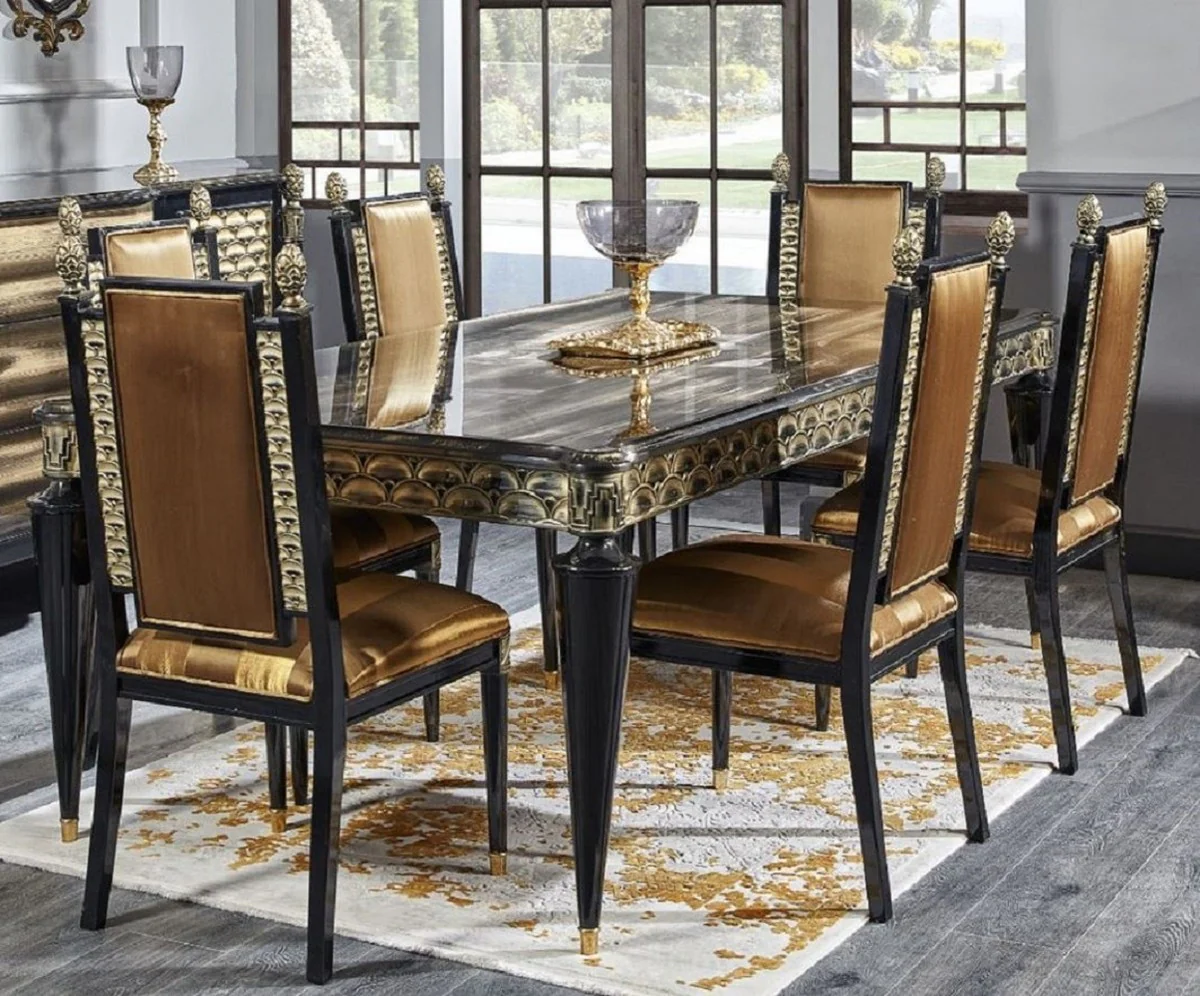 Luxury Baroque Dining Room Chair Set Gold / Black - Handmade Kitchen Chairs Set of 6 - Baroque Dining Room Furniture - Noble & Magnificent