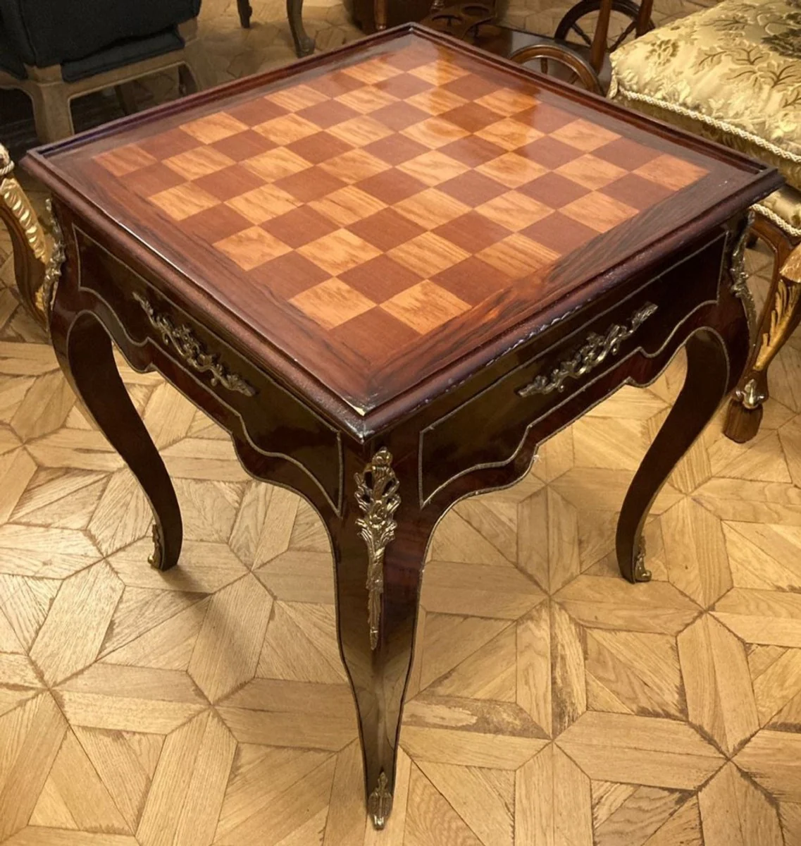 Baroque side table with chess & backgammon playing surface dark brown / brown / brass 60 x 60 x H. 71 cm - antique style furniture - baroque furniture - noble & magnificent