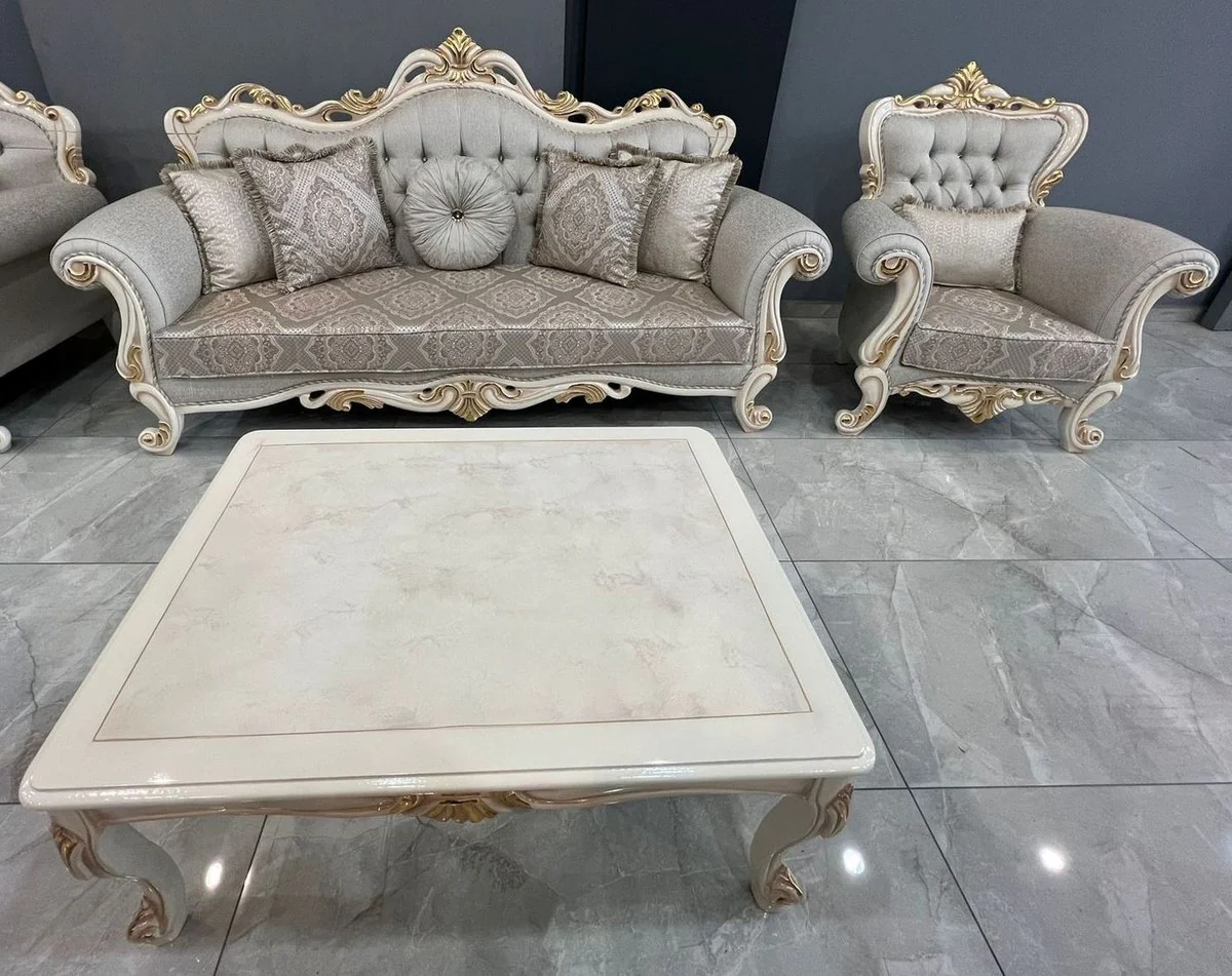 Luxus Barock Wohnzimmer Möbel Set Grau / Weiß / Gold - 2 Barock Sofas & 2 Barock Sessel & 1 Barock Couchtisch - Luxus Wohnzimmer Möbel im Barockstil - Prunkvolle Barock Möbel