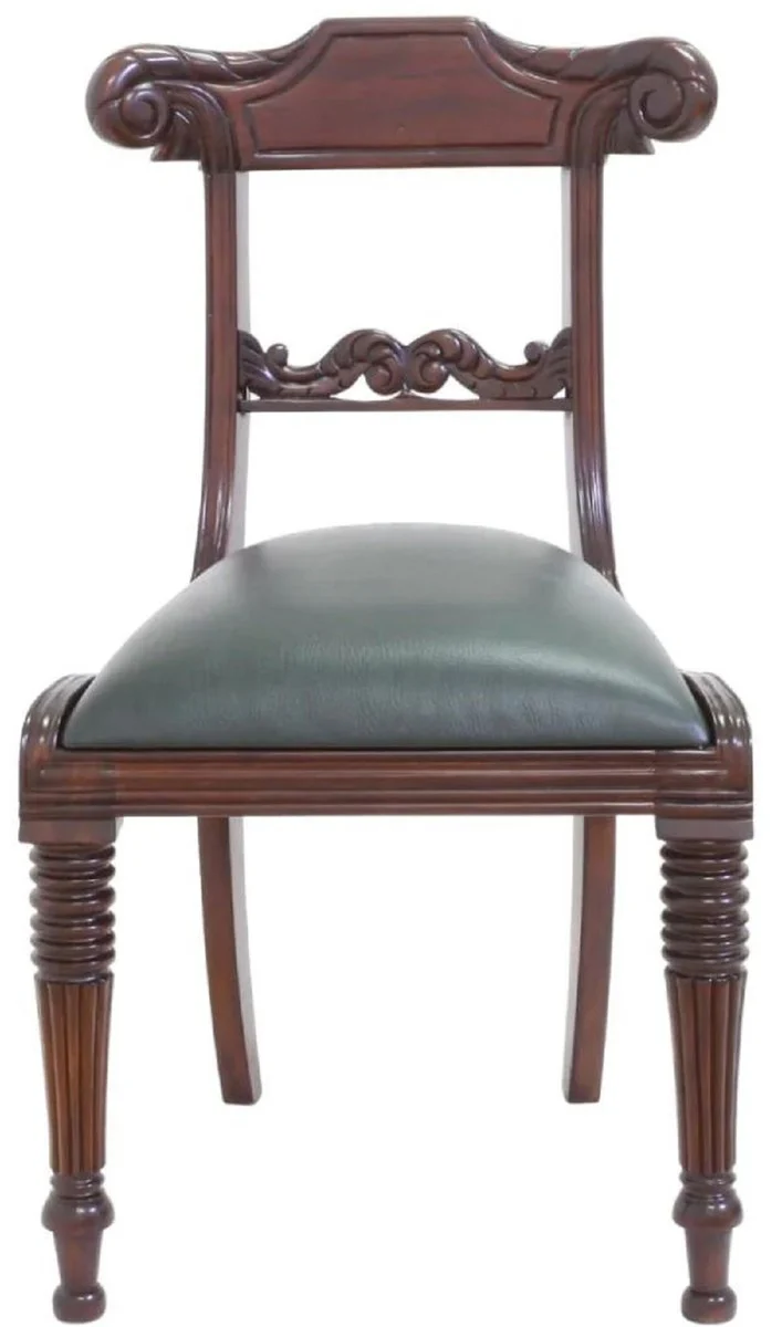 Luxury Art Nouveau mahogany dining room chair with real leather dark brown / green 52 x 58 x H. 90 cm - Solid wood leather kitchen chair - Baroque & Art Nouveau dining room furniture
