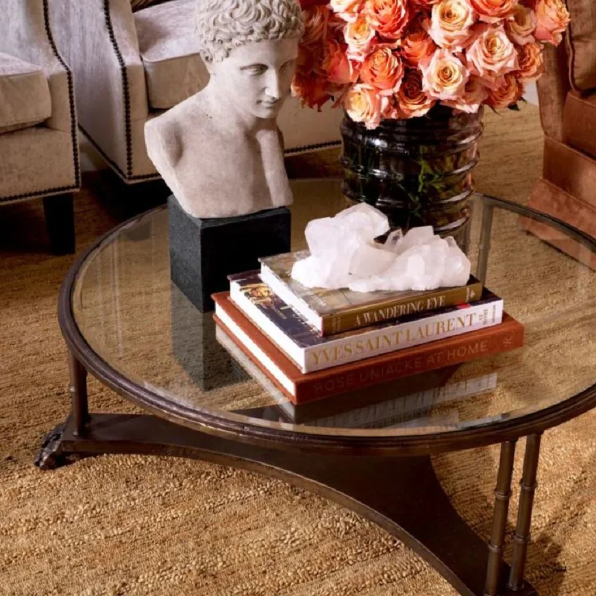 Luxury baroque coffee table with glass top bronze Ø 96 x H. 36.5 cm