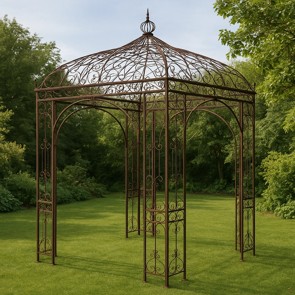 Dekorativer Metallpavillon, braunes Schmiedeeisen, Garten, 250 x 250 x 340 cm