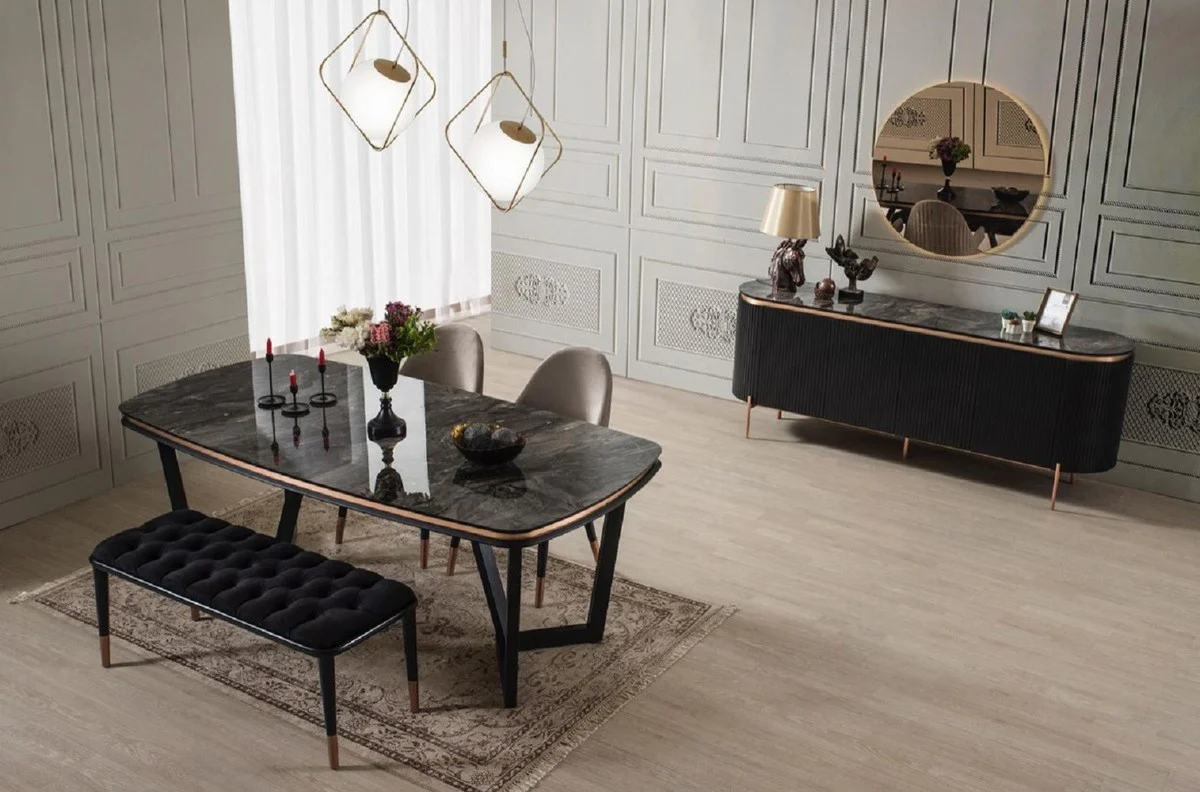 Luxury dining room set gray / black / copper - 1 extendable luxury dining room table & 6 luxury dining room chairs with armrests - dining room furniture - restaurant furniture - luxury furniture