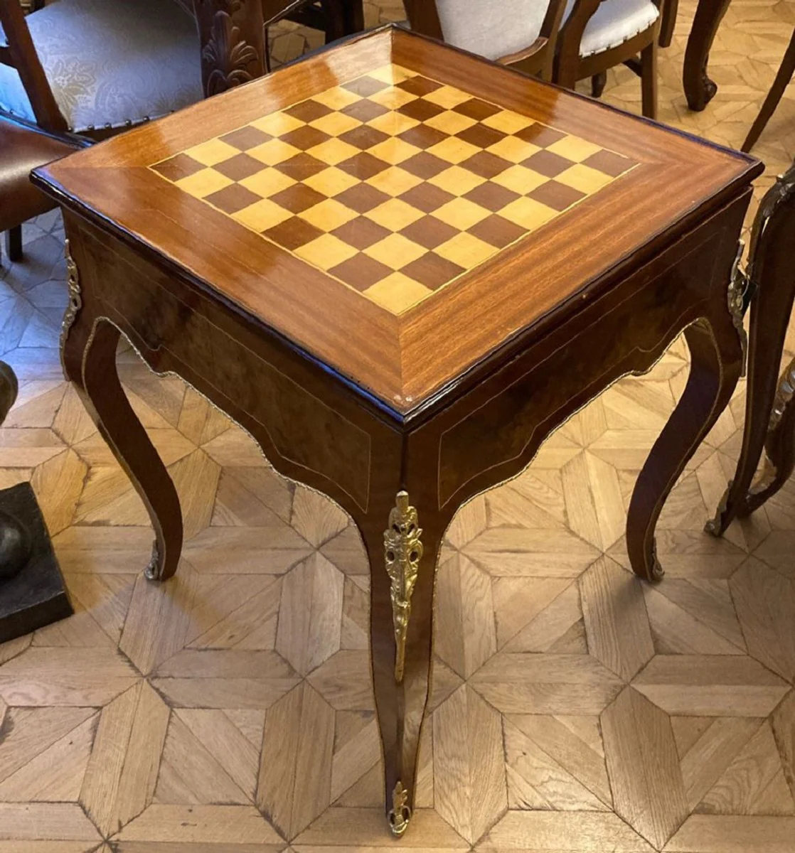 Baroque side table with chess & backgammon playing surface dark brown / brown / brass 60 x 60 x H. 71 cm - Baroque furniture - antique style furniture - noble & magnificent