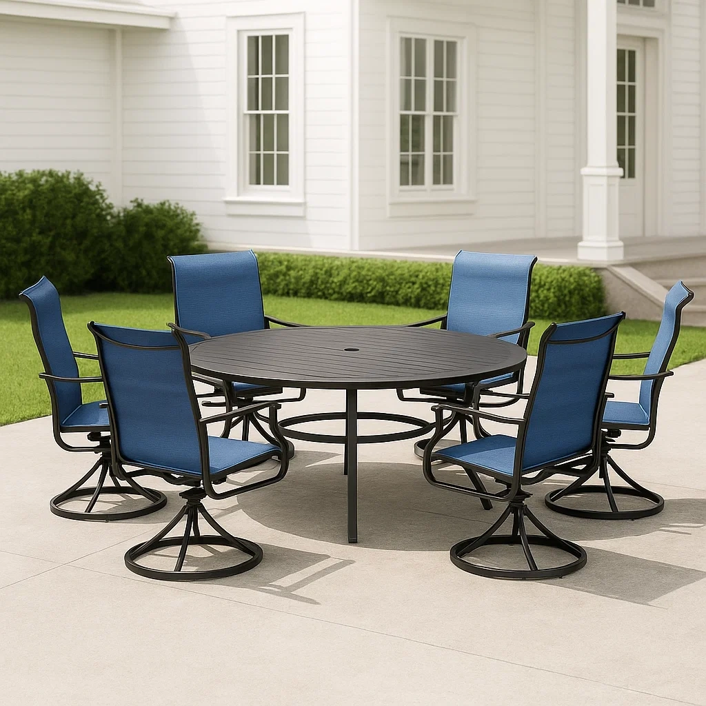 Essgruppe für die Terrasse, runder Tisch mit 6 Stühlen, schwarz, Eisen, geeignet für den Garten