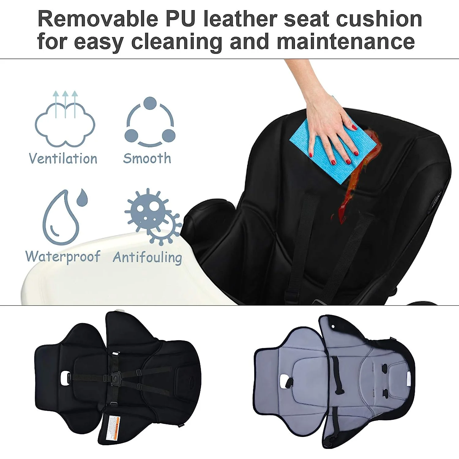 Hochstuhl für Babys und Kleinkinder, faltbarer Hochstuhl mit mehrfach verstellbarer Rückenlehne, Fußstütze und Sitzhöhe, abnehmbarem Tablett, abnehmbarem PU-Lederkissen, integrierten Hinterrädern (schwarz)