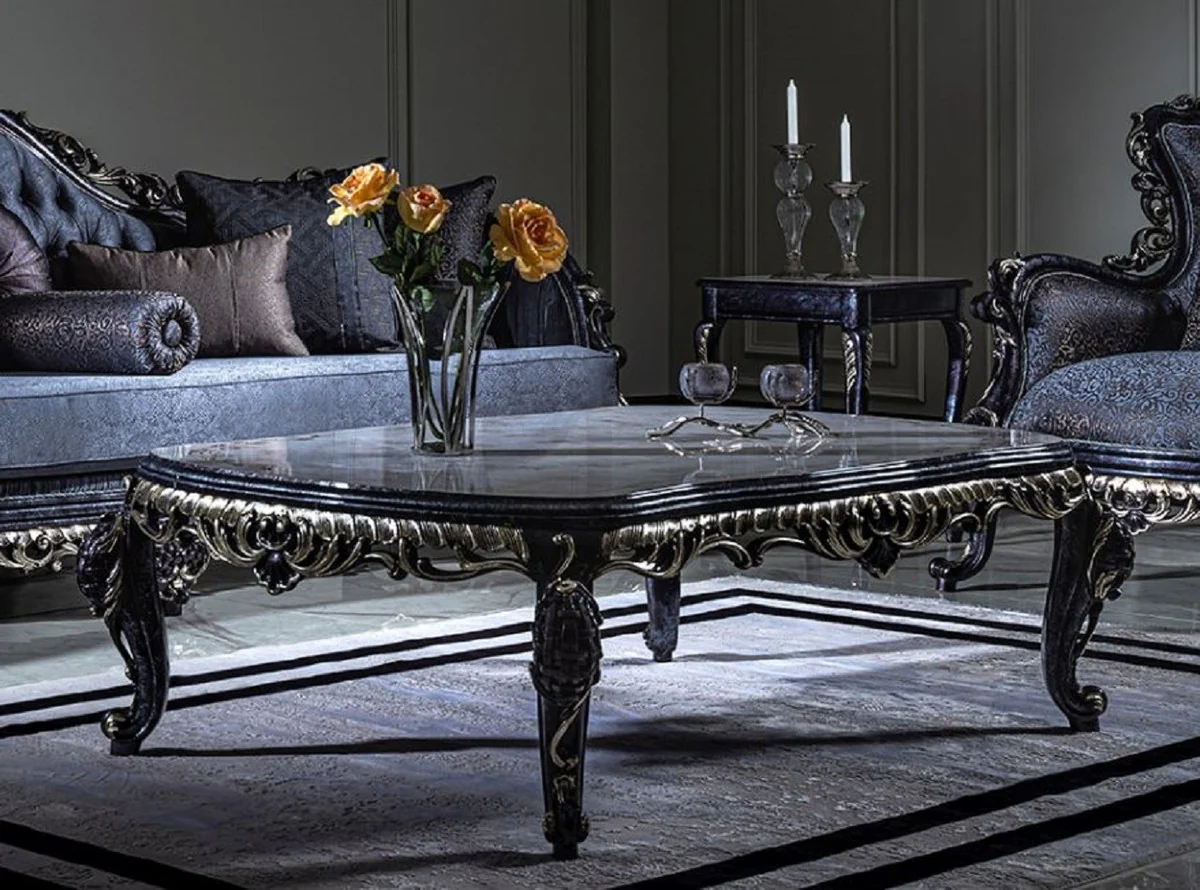 Luxury baroque coffee table white / blue / gold - handmade solid wood living room table in baroque style - magnificent baroque living room furniture