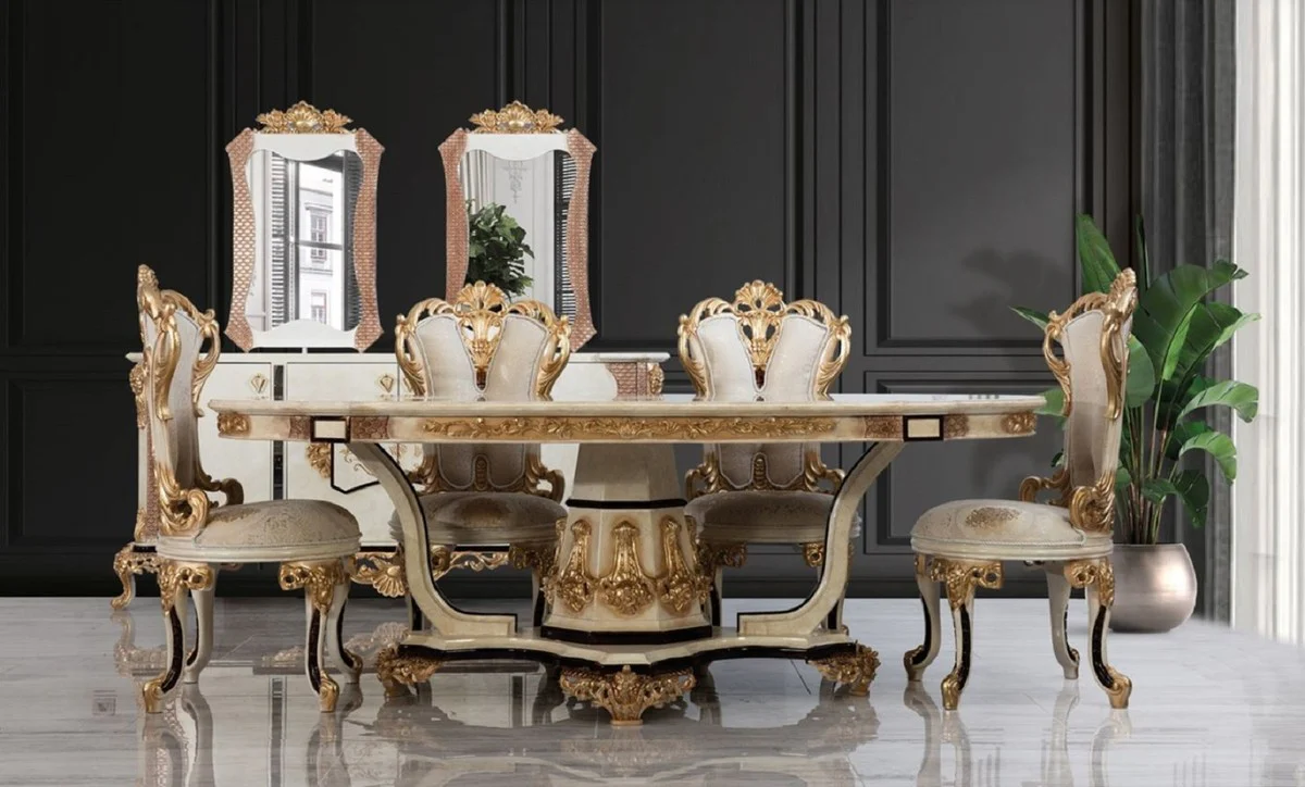 Luxury Baroque Dining Room Chair Set of 6 White / Cream / Beige / Black / Gold - Baroque Style Kitchen Chairs with Pattern - Luxury Dining Room Furniture in Baroque Style - Baroque Dining Room Furniture