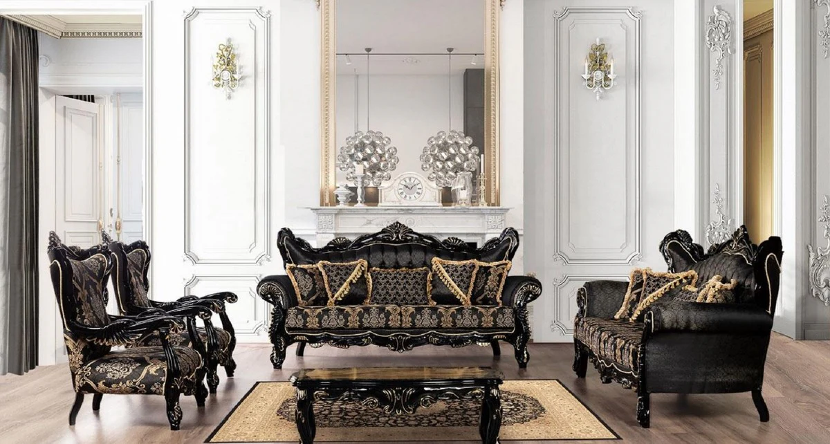 Luxury Baroque Sofa Black / Gold - Magnificent living room sofa with elegant pattern - Baroque living room furniture