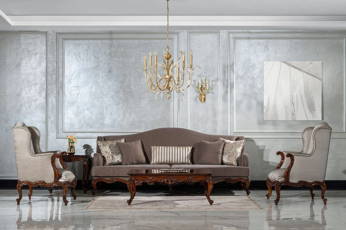 Luxury Baroque Living Room Sofa Gray / Brown - Handmade Baroque Style Sofa with Decorative Pillows - Luxury Living Room Furniture in Baroque Style - Baroque Furniture - Noble & Ornate