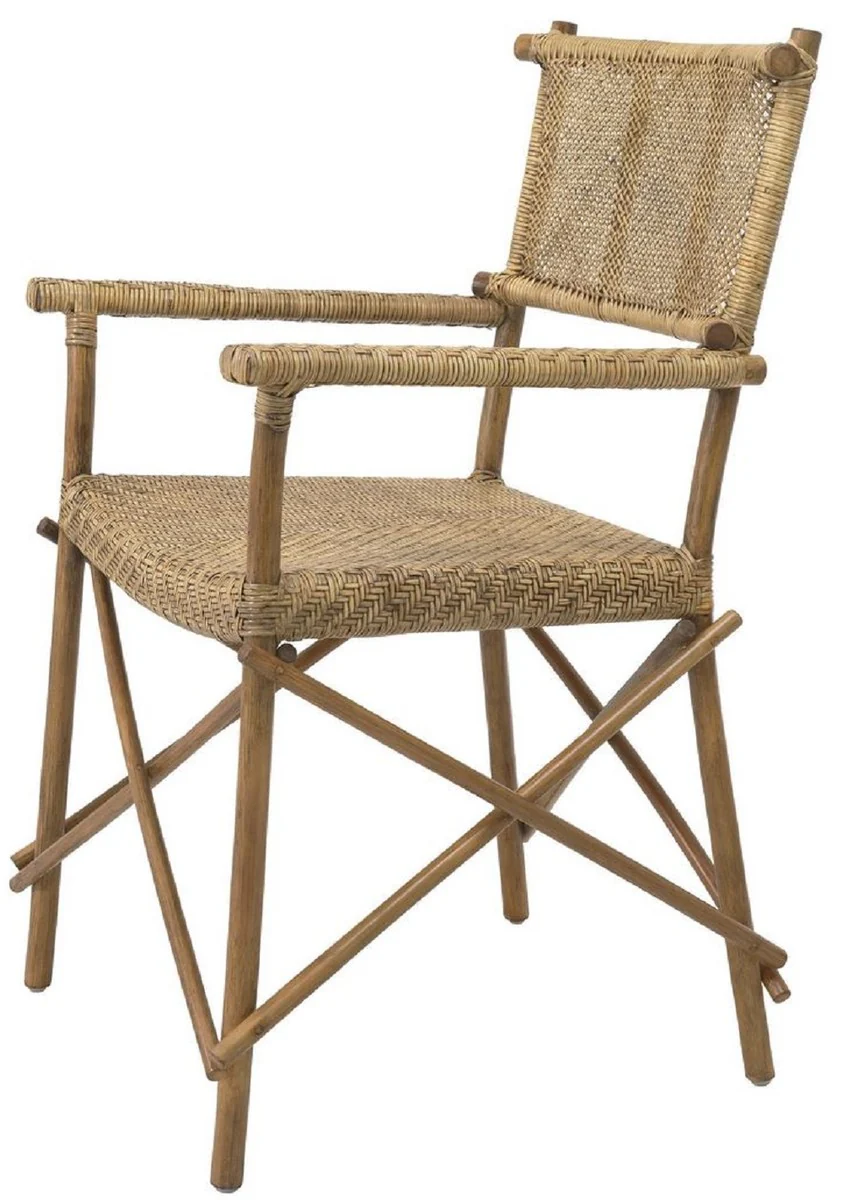 Luxury dining room chair natural colors 58.5 x 55.5 x H. 91.5 cm - solid wood chair with armrests and hand-woven rattan weave - luxury dining room furniture