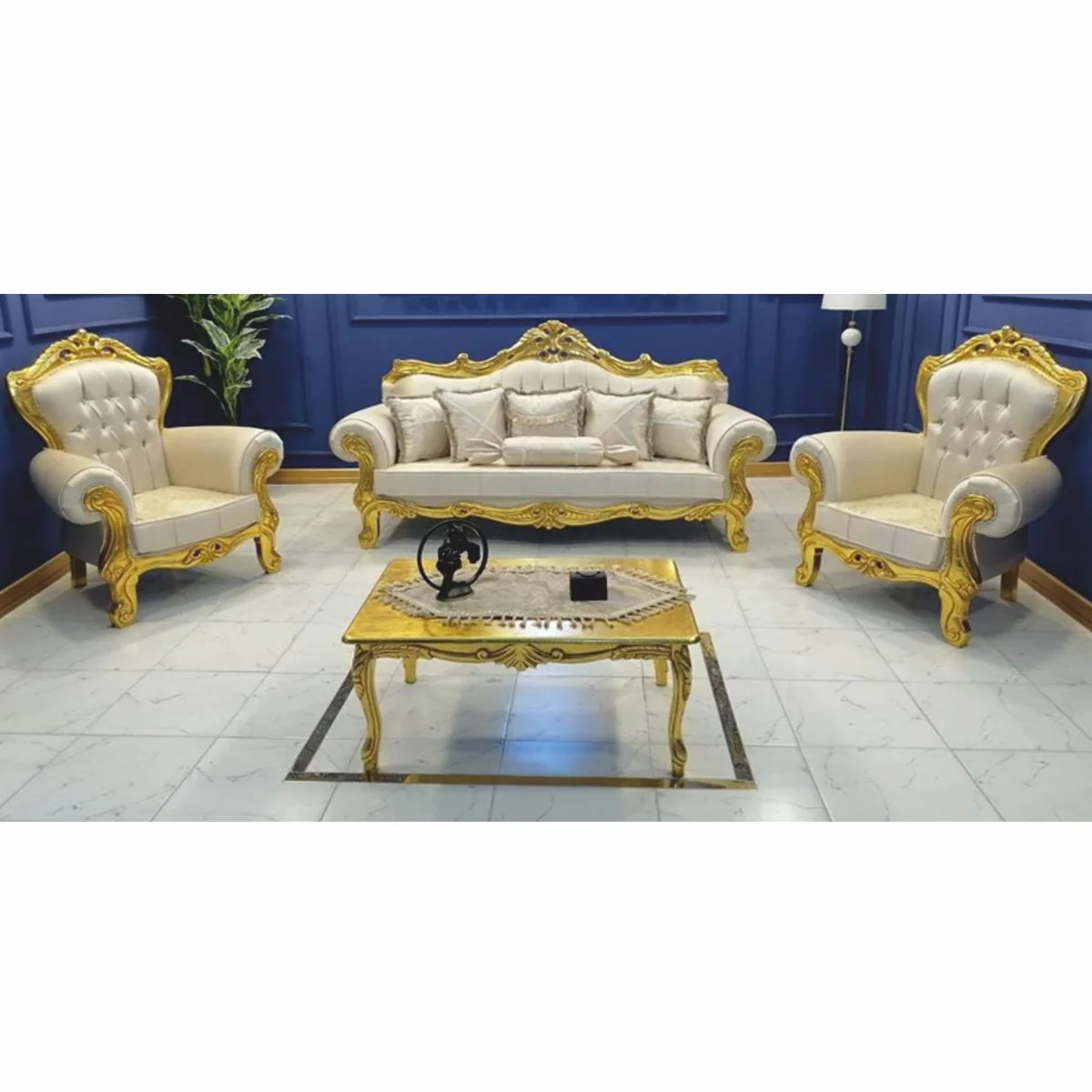 Barock Wohnzimmer Möbel Set Creme / Gold - Barockstil Möbel