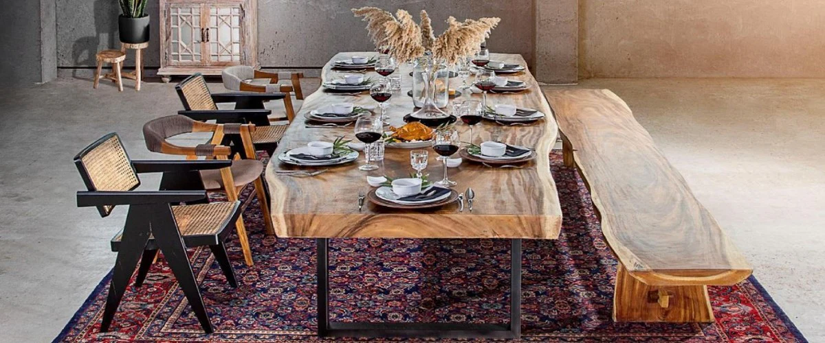 Luxury dining table natural color / black 400 x 100-120 x H. 76 cm - Rectangular kitchen table with solid wood table top - Dining room furniture - Kitchen furniture - Luxury furniture - Luxury furnishings