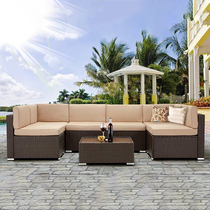7 Piece Outdoor Patio-Möbel-Set, PE Rattan Wicker Sofa-Set, Outdoor-Stuhlmöbel-Set mit Khaki Kissen und Teetisch
