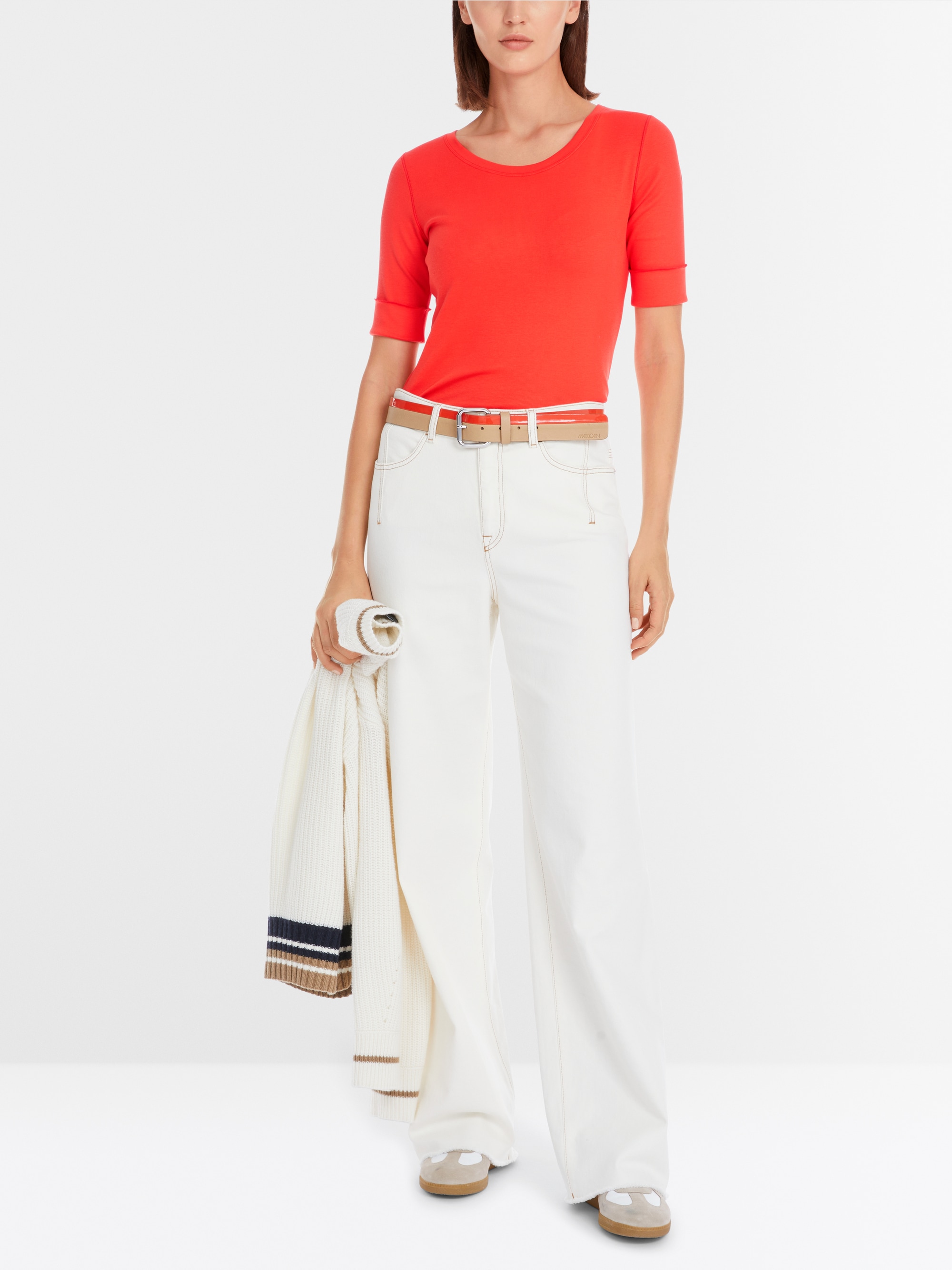 Marc-Cain Solid T-Shirt aus dehnbarem Baumwollripp