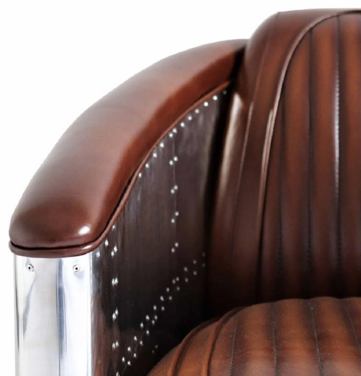 Luxury Art Deco genuine leather armchair dark brown / silver 90 x 72 x H. 68 cm - aluminum armchair with high-quality leather - lounge armchair - aluminum airplane aviator armchair furniture
