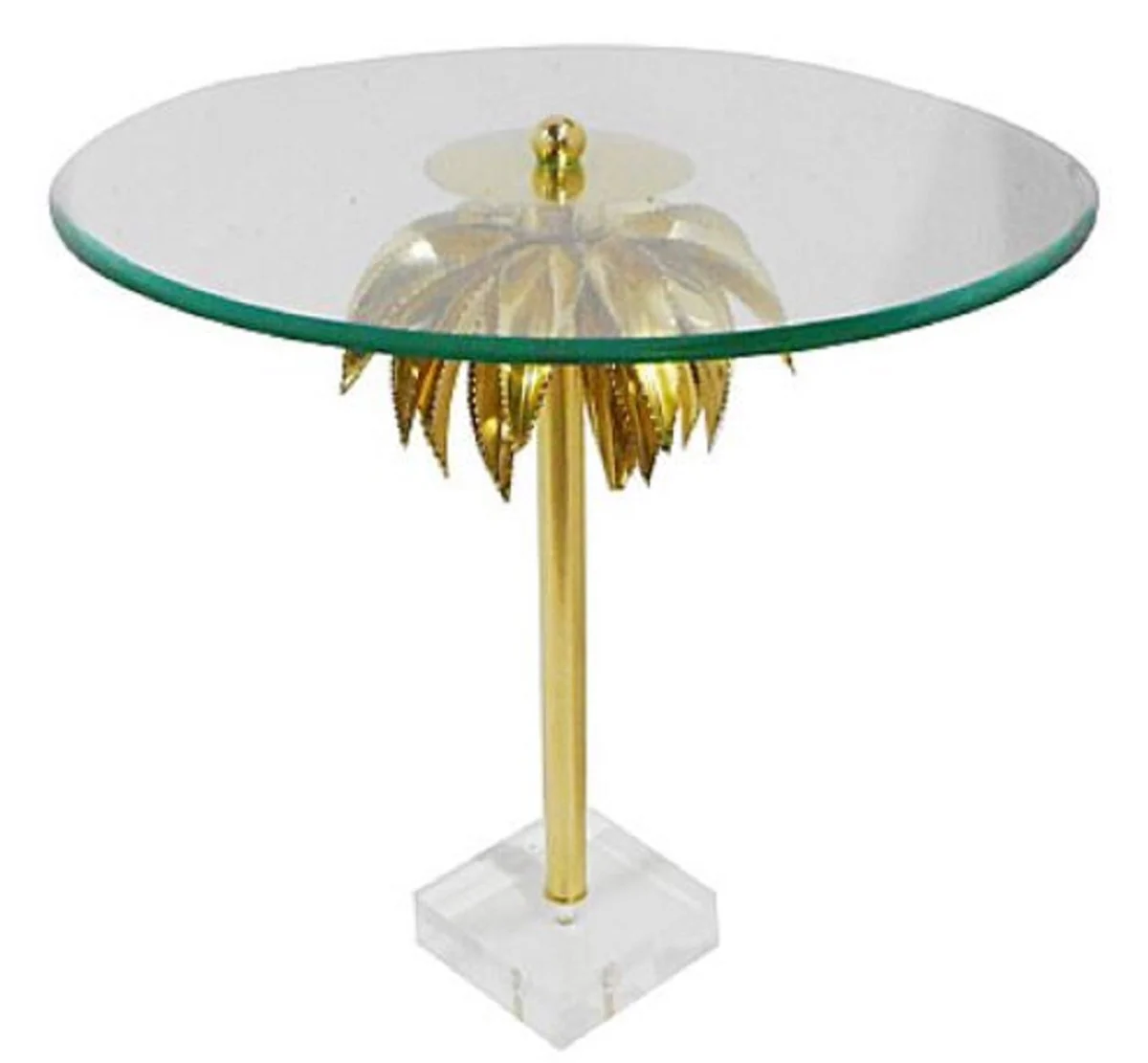 Designer side table palm brass Ø 55 x H. 55 cm - Round steel table with glass top and acrylic base - Living room furniture