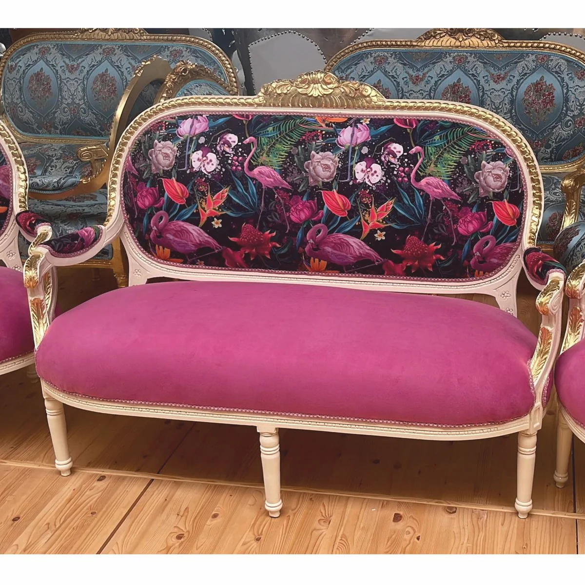 Baroque 2 seater sofa pink / colorful / white / gold 150 cm - Baroque furniture