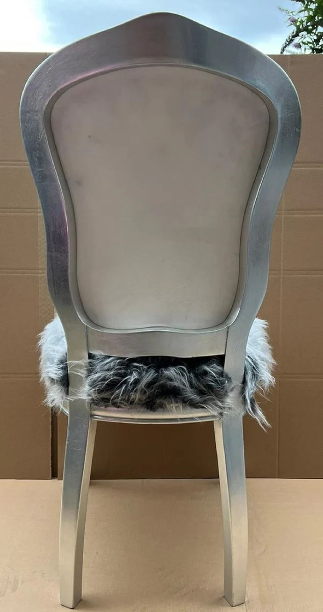 Pompöös by Luxury Baroque Dining Room Chair Crown with Faux Fur and Glitter Stones Gray / White / Silver - Pompööser Baroque Chair designed by Harald Glööckler
