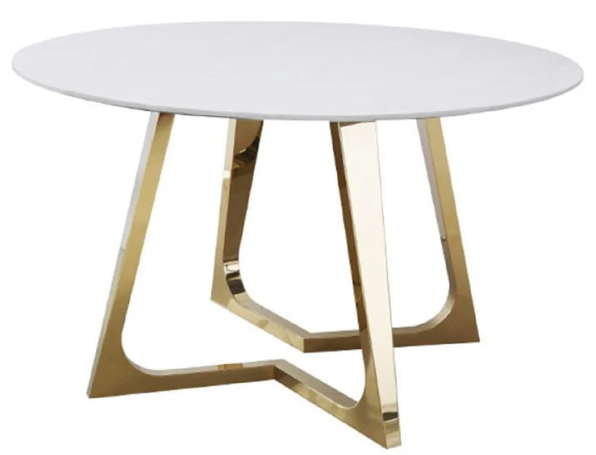 Luxury dining table white / gold Ø 130 x H. 76 cm - Round dining room table with synthetic marble top and steel legs - Dining room furniture