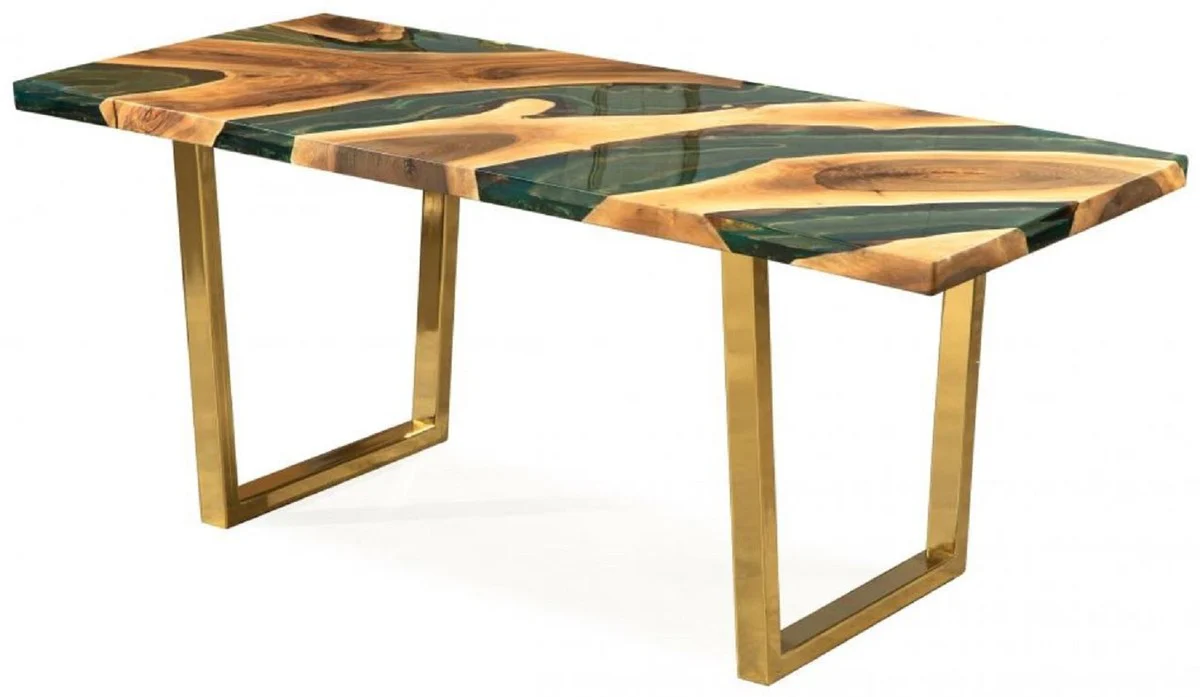 Luxury dining table natural colors / brown / green / gold 160 x 80 x H. 76 cm - Rectangular kitchen table with epoxy resin - Dining room furniture - Epoxy resin furniture - Luxury furniture