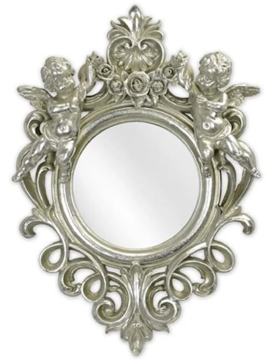 Baroque mirror silver 35.8 x H. 51 cm - antique style wall mirror with decorative angel figures - living room mirror - cloakroom mirror - baroque furniture
