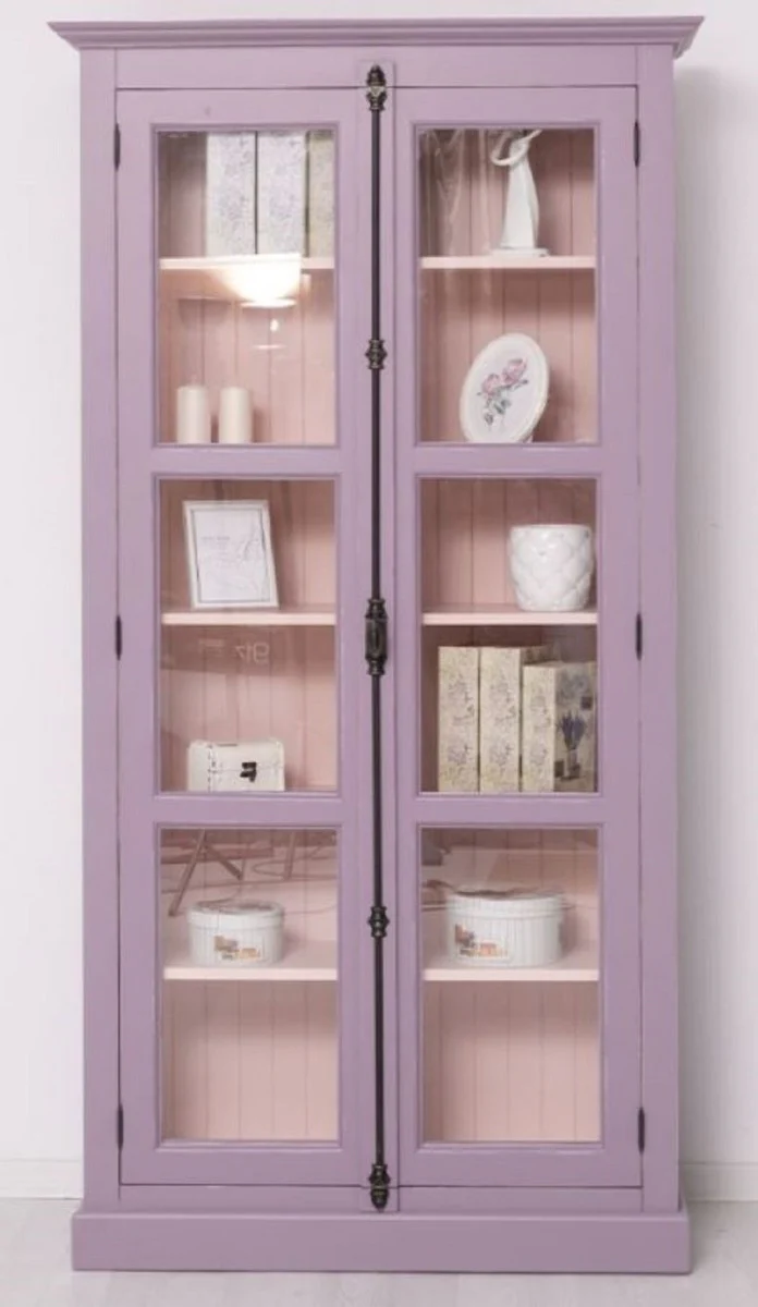 Country house style display cabinet purple / pink 109 x 40 x H. 210 cm - solid wood display cabinet with 2 glass doors - solid wood cabinet - solid wood furniture - country house style furniture
