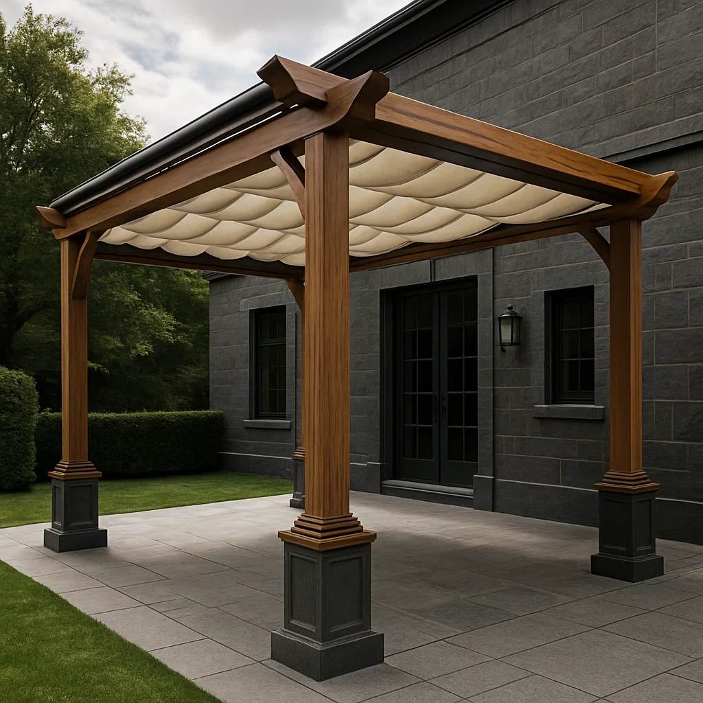 Gartenpergola aus Holz mit Stoffdach – Holzfarbe – für den Außenbereich – 400 cm lang x 250 cm hoch x 370 cm tief oOqktUl328Gs