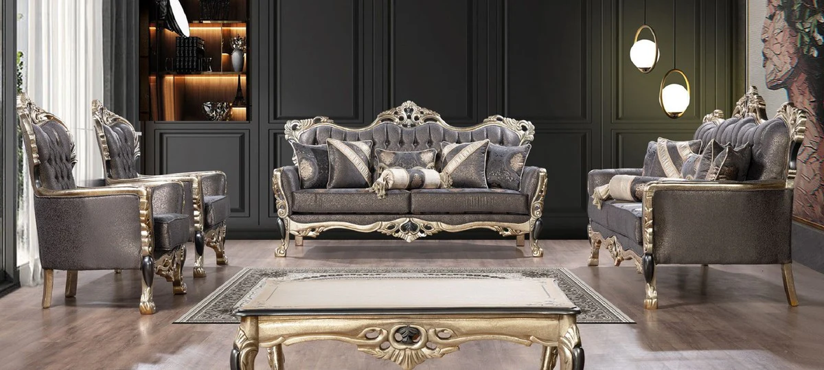 Luxus Barock Wohnzimmer Set Lila / Antik Gold / Schwarz - 2 Barock Sofas & 2 Barock Sessel & 1 Barock Couchtisch - Luxus Wohnzimmer Möbel im Barockstil - Barock Möbel