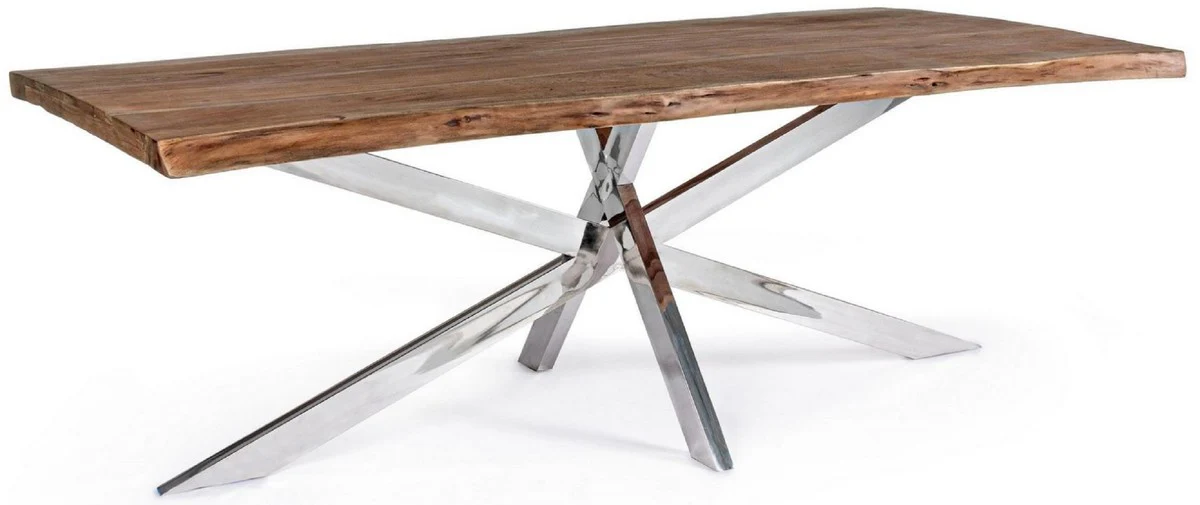 Luxury dining table brown / silver 220 x 100 x H. 77 cm - Rectangular kitchen table with solid wood table top and stainless steel legs - Dining room furniture - Kitchen furniture - Luxury furniture