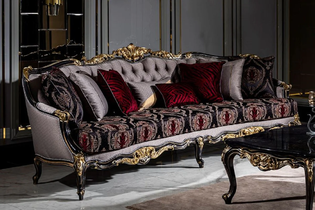 Luxus Barock Wohnzimmer Set Silber / Bordeauxrot / Schwarz / Gold - 2 Sofas & 2 Sessel & 1 Couchtisch - Prunkvolle Wohnzimmer Möbel im Barockstil