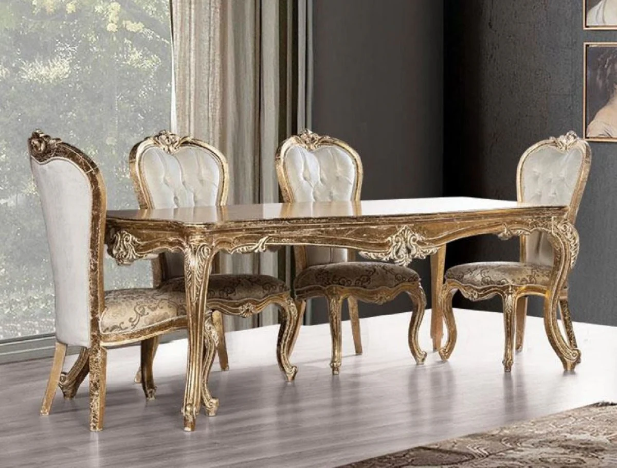 Luxury Baroque Dining Room Set White / Gold / Antique Gold - 1 Baroque Dining Table & 6 Baroque Dining Chairs - Dining Room Furniture in Baroque Style - Noble & Magnificent