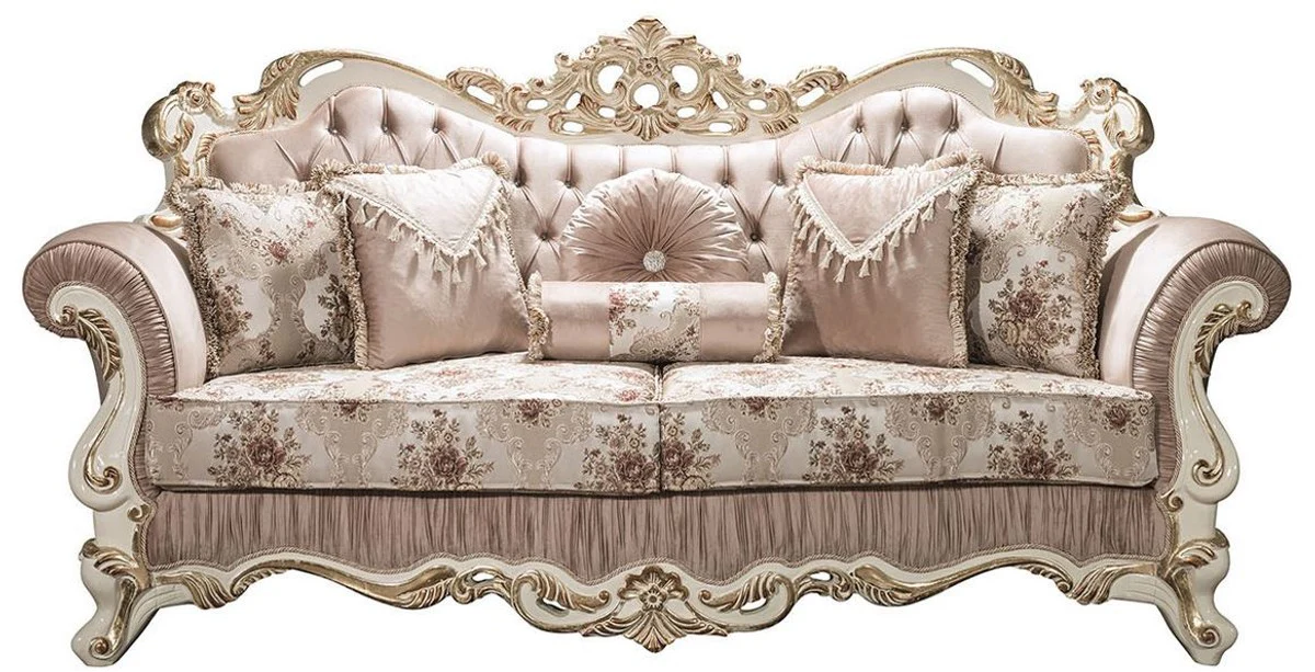 Luxury baroque sofa pink / white / gold 230 x 100 x H. 110 cm - living room sofa with rhinestones and decorative pillows - baroque furniture