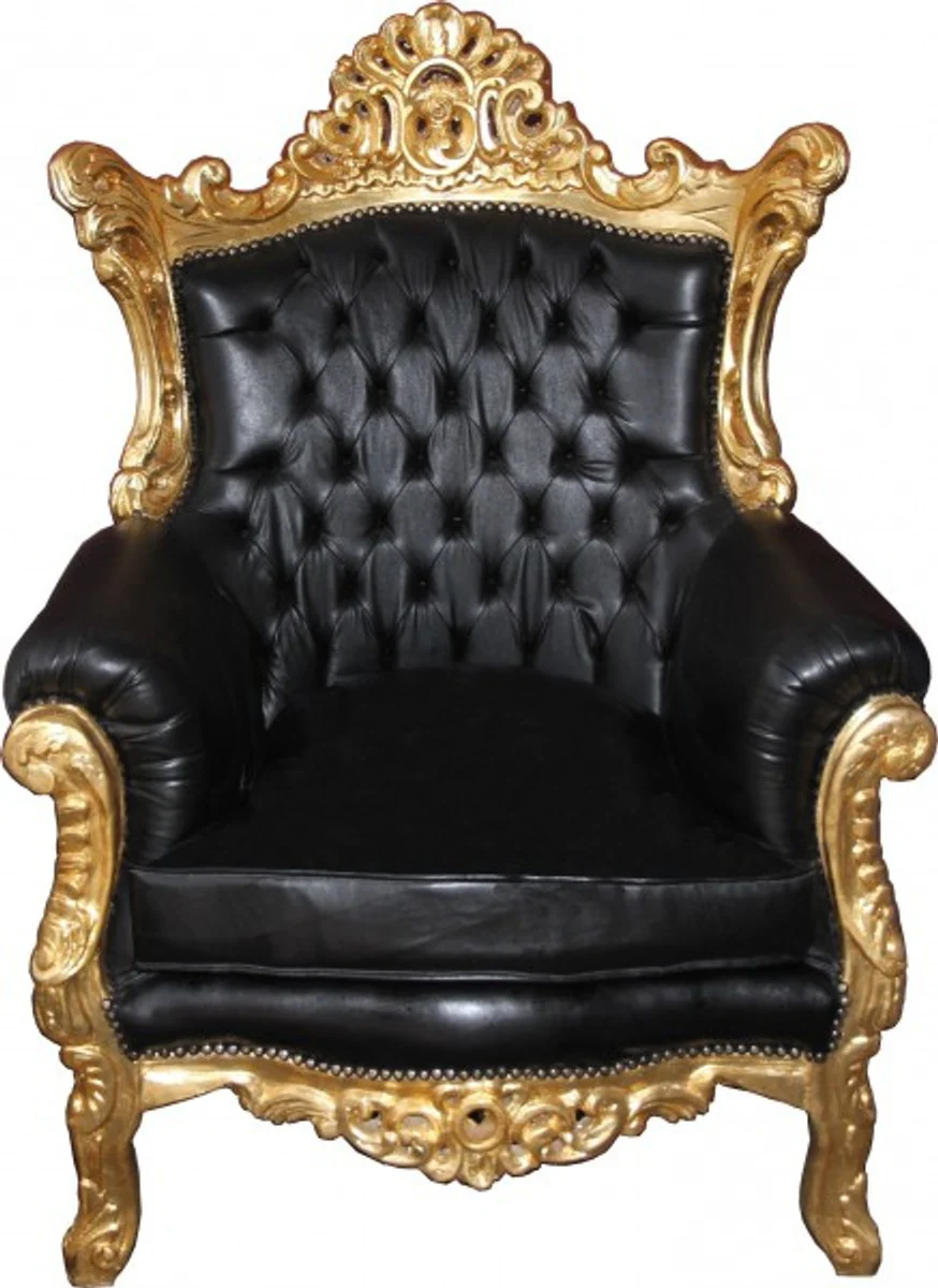 Barock Wohnzimmer Set Master Schwarz / Gold Lederoptik Mod2 - 3-er Sofa + 2 Sessel