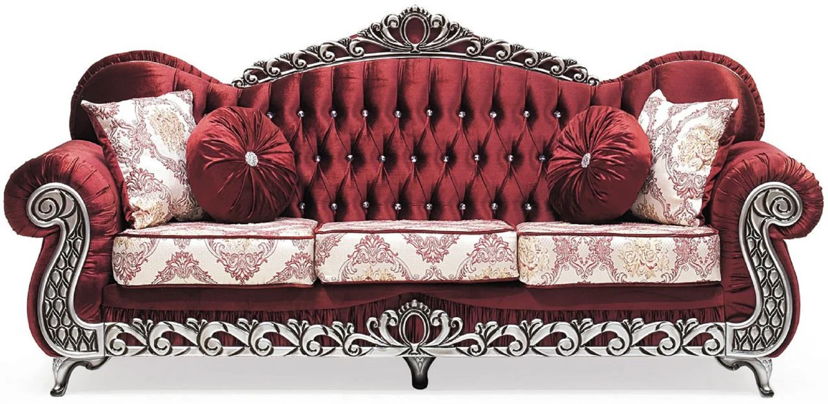 Luxury Baroque Sofa Bordeaux Red / Cream / Silver - Magnificent Living Room Sofa with Elegant Pattern and Glitter Stones - Living Room Furniture in Baroque Style - Baroque Furniture - Noble & Magnificent
