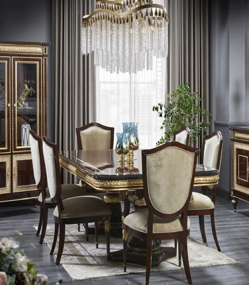 Luxury Baroque Dining Room Chair with Armrests Gold / Dark Brown / Gold - Luxury Dining Room Furniture in Baroque Style - Magnificent Baroque Furniture - Baroque Interior