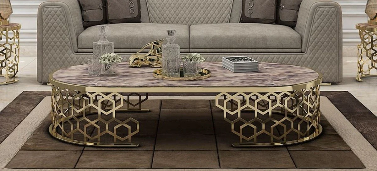 Luxury coffee table with artificial marble table top grey-black / gold 140 cm