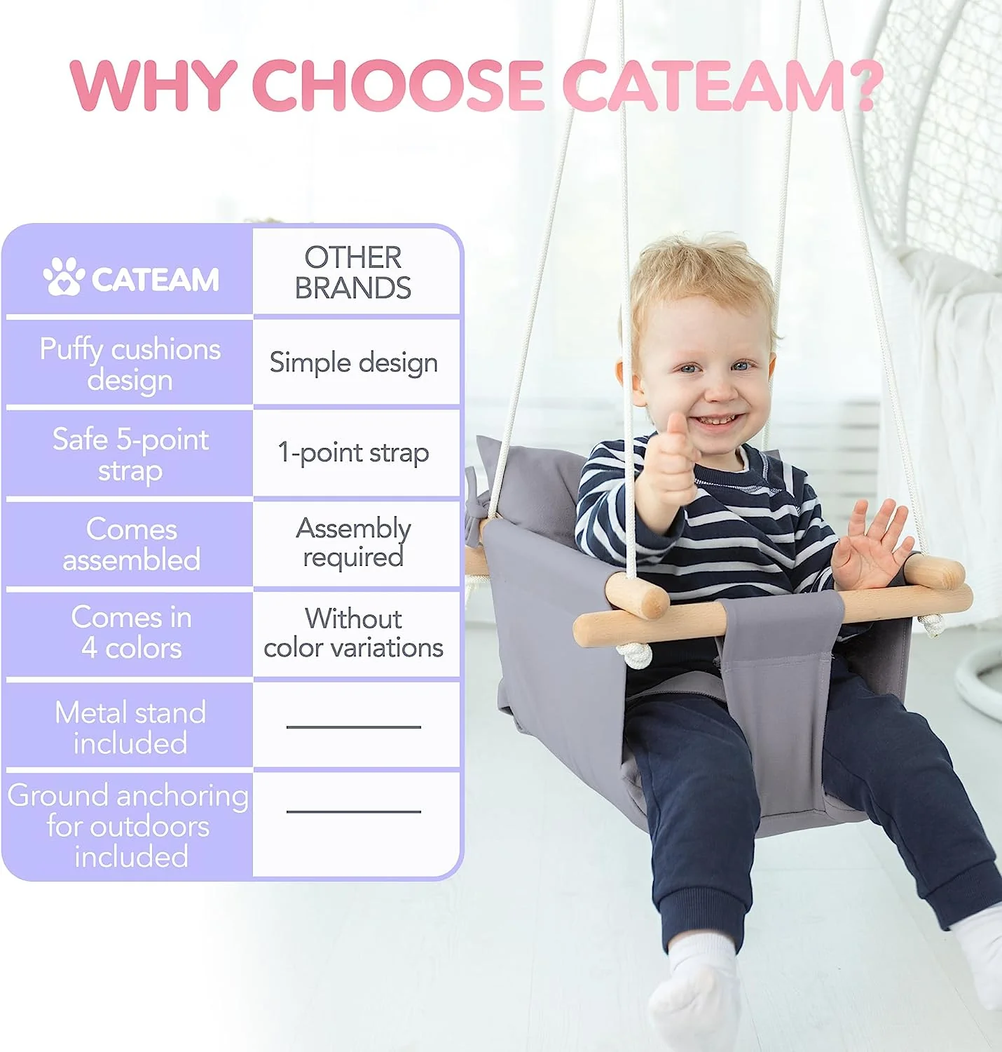 Babyschaukel aus Segeltuch, hängender Schaukelsitz aus Holz mit Sicherheitsgurt, langlebiger Baby-Hängemattenstuhl, Außen- und Innenschaukel für Kinder, Montagezubehör im Lieferumfang enthalten, Elfenbeinfarben