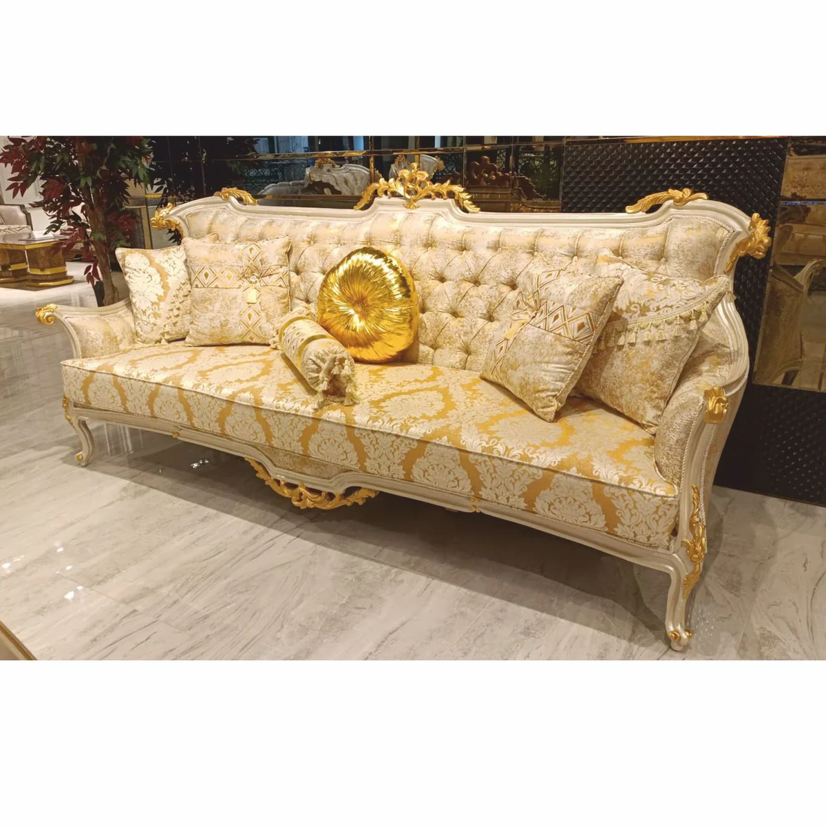 Luxury Baroque living room sofa gold / white / gray / gold H. 239 cm - Baroque furniture