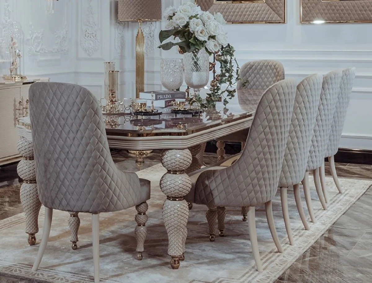 Luxury Art Deco Dining Room Set Gray / White / Gold - 1 Art Deco Dining Table with Faux Marble Table Top & 8 Art Deco Dining Room Chairs - Art Deco Dining Room Furniture - Luxury Quality