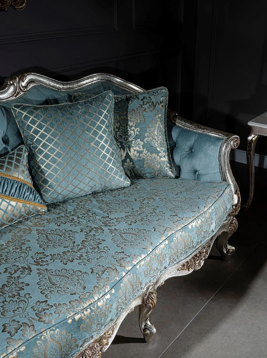 Luxury baroque sofa light blue / silver / gold 238 x 85 x H. 106 cm - living room sofa with elegant pattern and decorative pillows - baroque living room furniture
