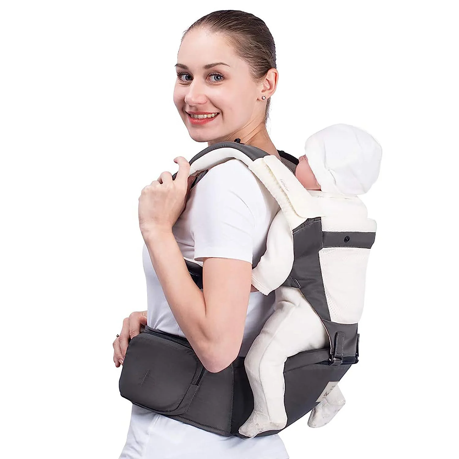 Babytrage für Neugeborene bis Kleinkinder, Baby-Hüfttrage mit Kopfhaube, Taillenverlängerung und 3 Beißpolstern (grau)