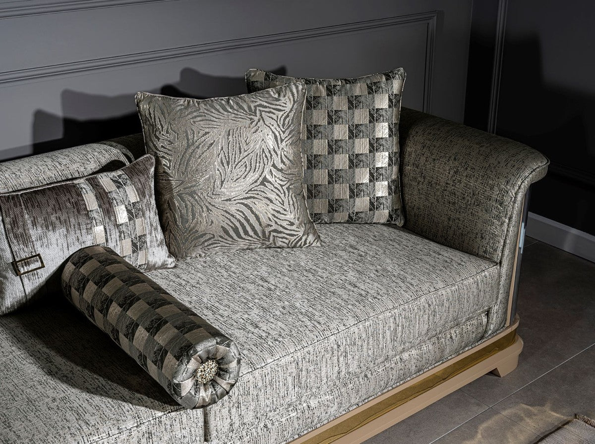 Luxury Art Deco sofa silver / black / beige / gold 249 x 93 x H. 72 cm - Living room sofa with decorative pillows - Art Deco living room furniture