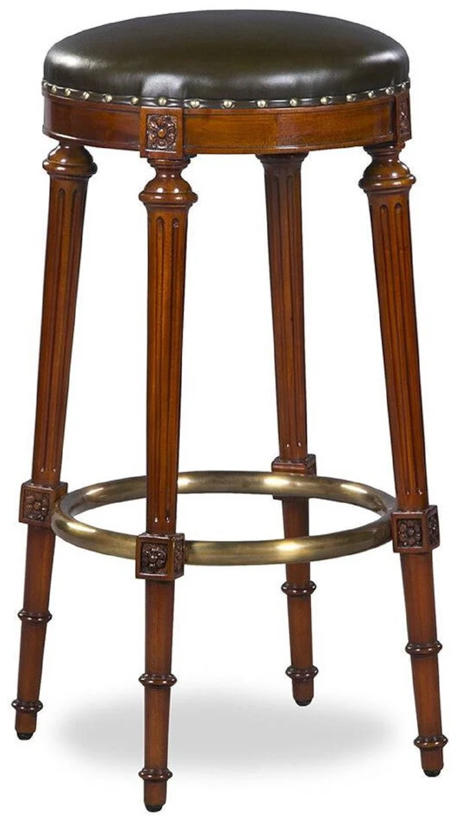 Luxury Art Nouveau bar stool brown / black / brass Ø 36 x H. 76 cm - Round padded mahogany bar chair with real leather - Bar furniture - Leather furniture - Luxury furniture - Luxury quality