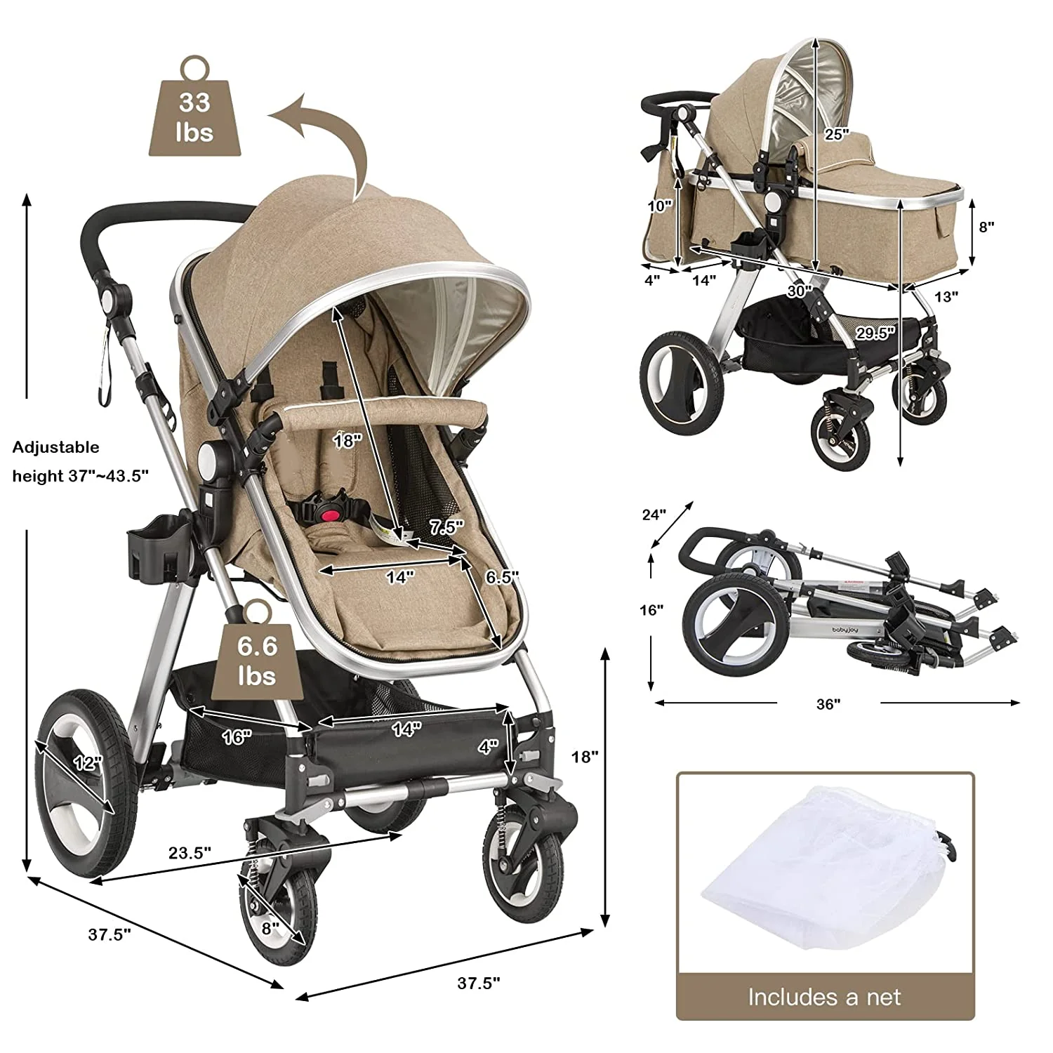 Kinderwagen, 2-in-1 umwandelbarer Liegewagen mit Stubenwagen, faltbarer Kinderwagenwagen mit 5-Punkt-Gurt, inklusive Getränkehalter, Fußabdeckung, Wickeltasche, Aluminiumstruktur, Khaki