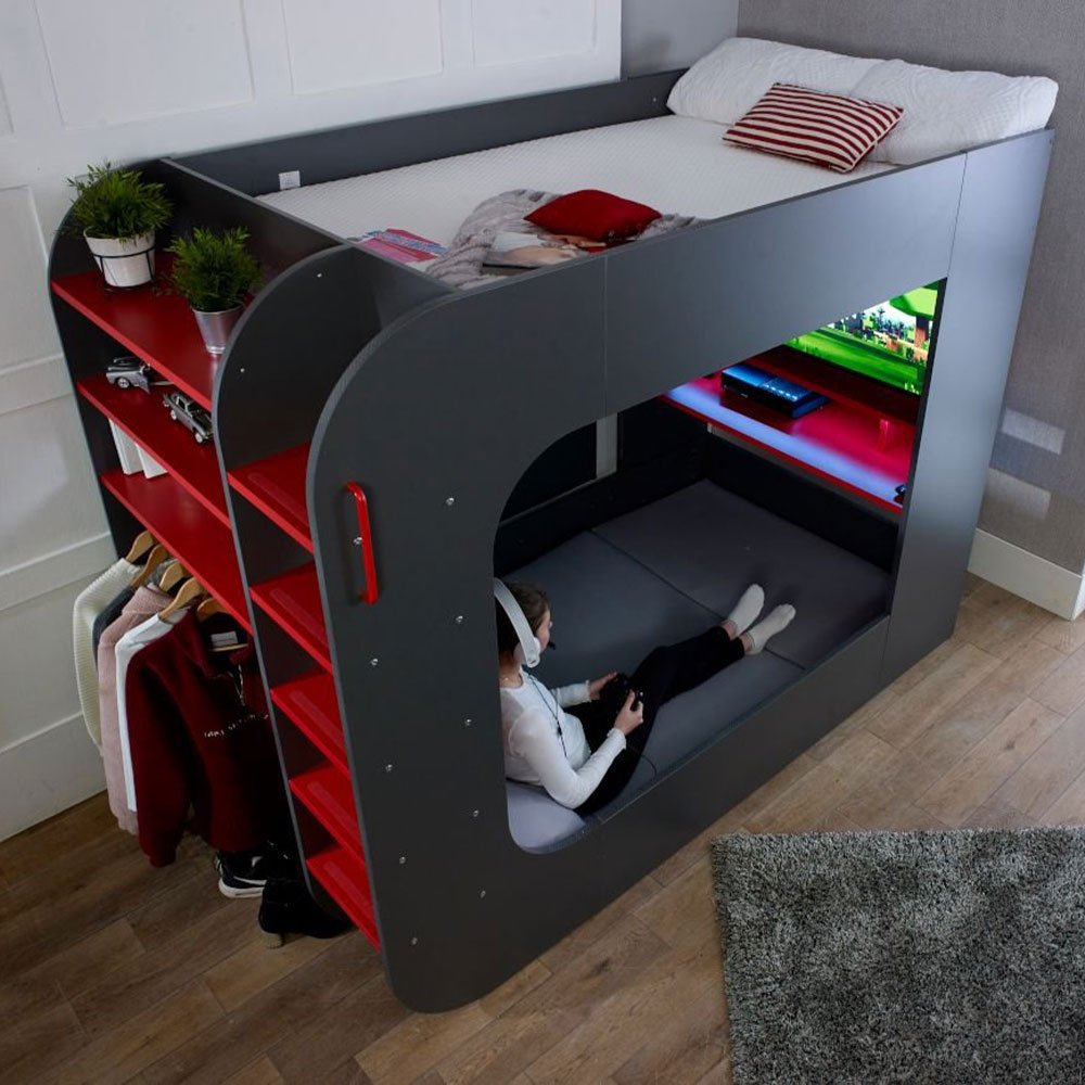 PodBed Grey und Red Gaming High Sleeper mit grauem Sofa